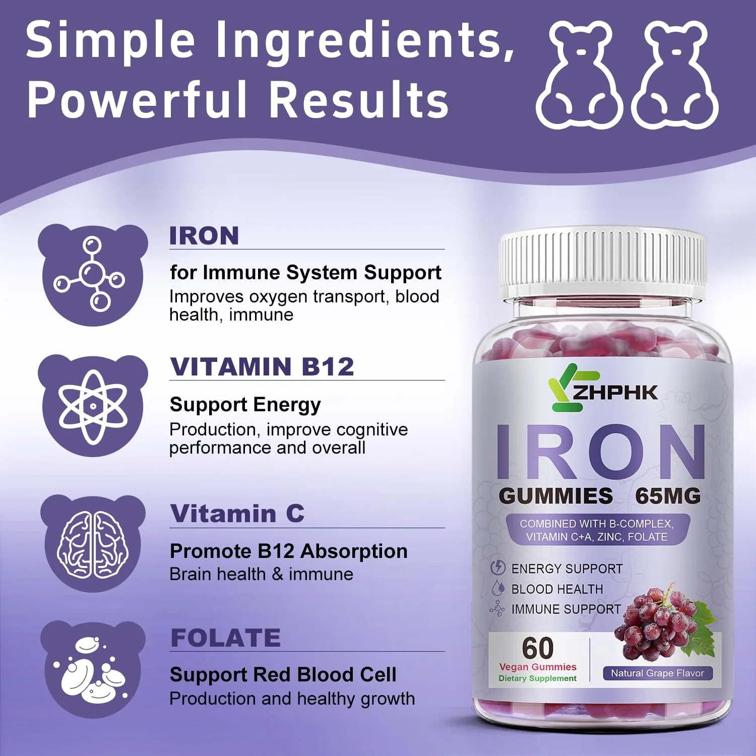 ZHPHK Iron Gummies for Women and Men – Grape Flavor, 65mg Iron + 250mg Vitamin C | 60 Count - Image 4