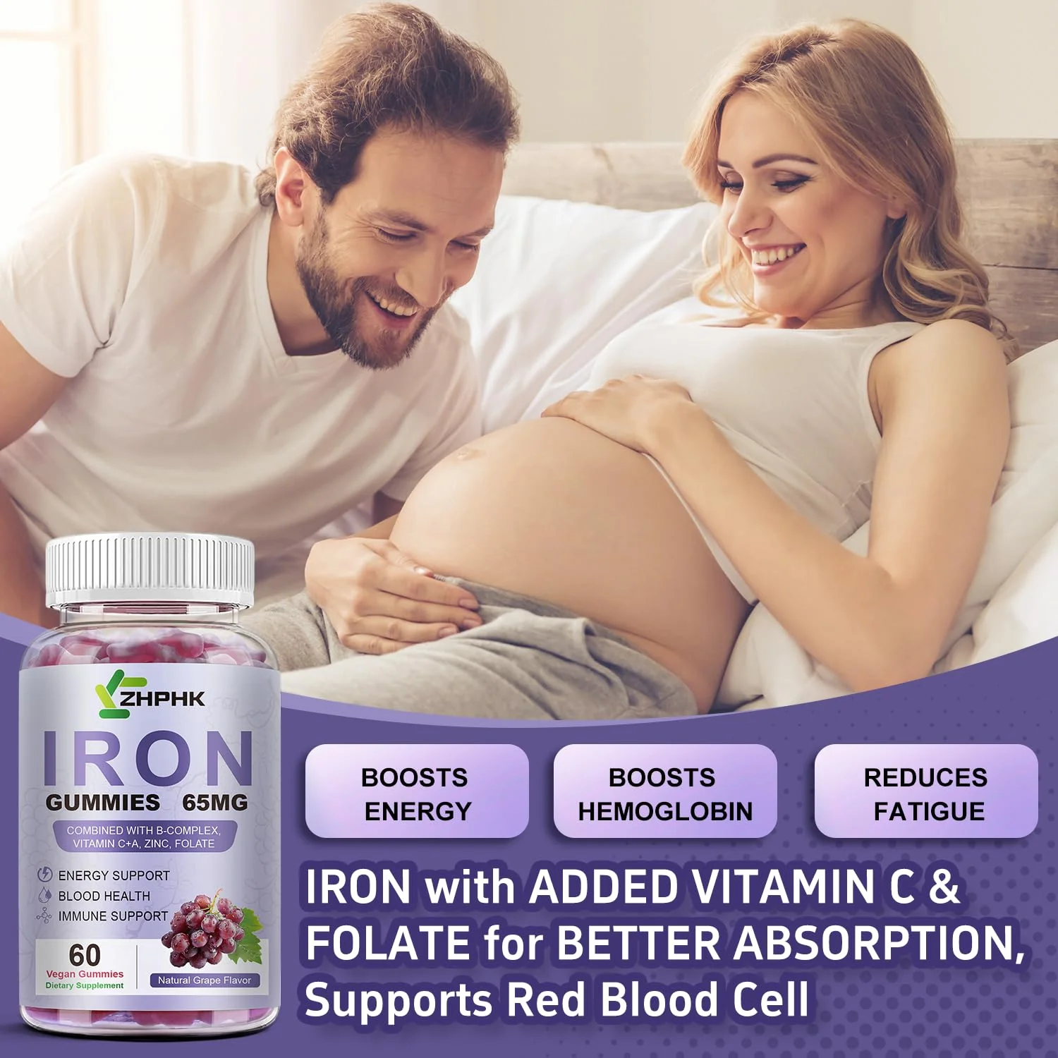 ZHPHK Iron Gummies for Women and Men – Grape Flavor, 65mg Iron + 250mg Vitamin C | 60 Count - Image 6
