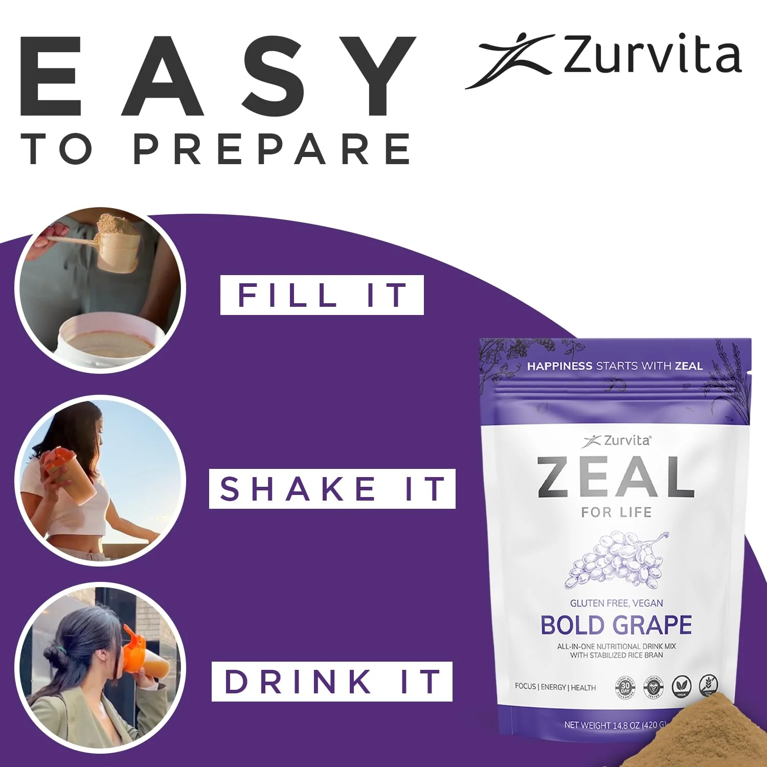 Zurvita Zeal for Life - Bold Grape Flavor | Daily Nutrition for Vitality & Wellness - 30-Day Wellness Bag 420g - Image 14