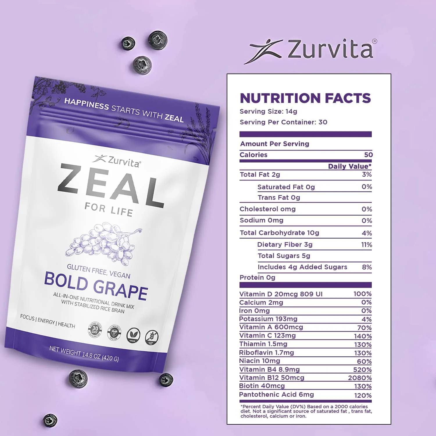 Zurvita Zeal for Life - Bold Grape Flavor | Daily Nutrition for Vitality & Wellness - 30-Day Wellness Bag 420g - Image 2