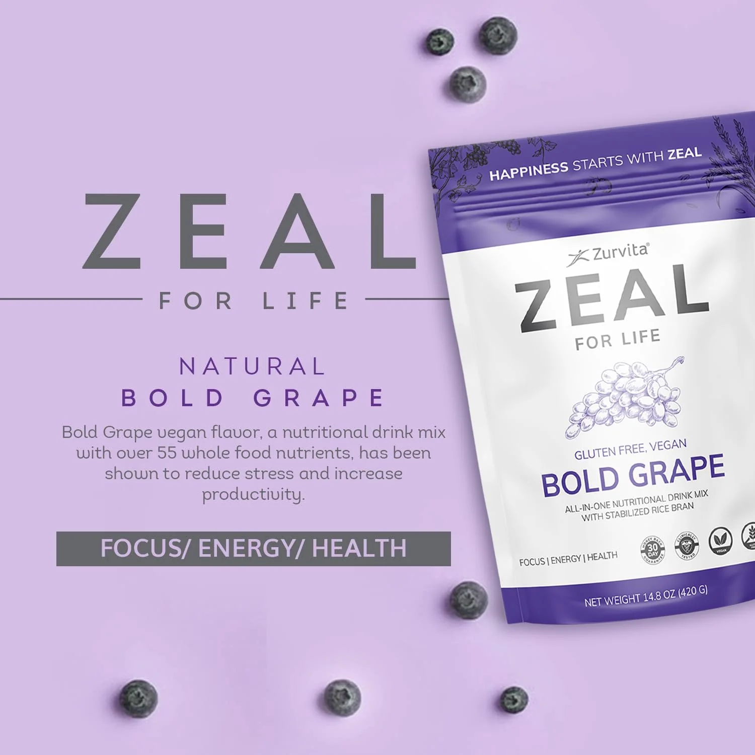 Zurvita Zeal for Life - Bold Grape Flavor | Daily Nutrition for Vitality & Wellness - 30-Day Wellness Bag 420g - Image 4