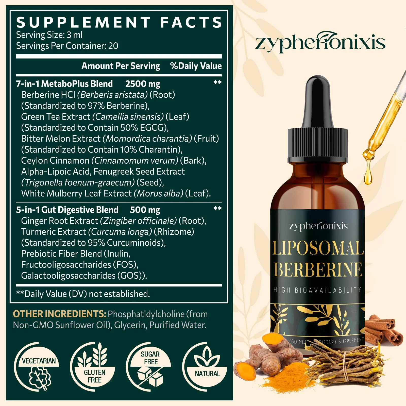 Zypherionixis Liposomal Berberine HCL Drops – 3000mg, 12-in-1 Formula, Sugar Free - Image 8